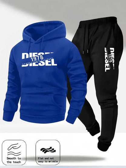 Men Fashion Print Tracksuit Hooded Sweatshirt + Sweatpants Set
