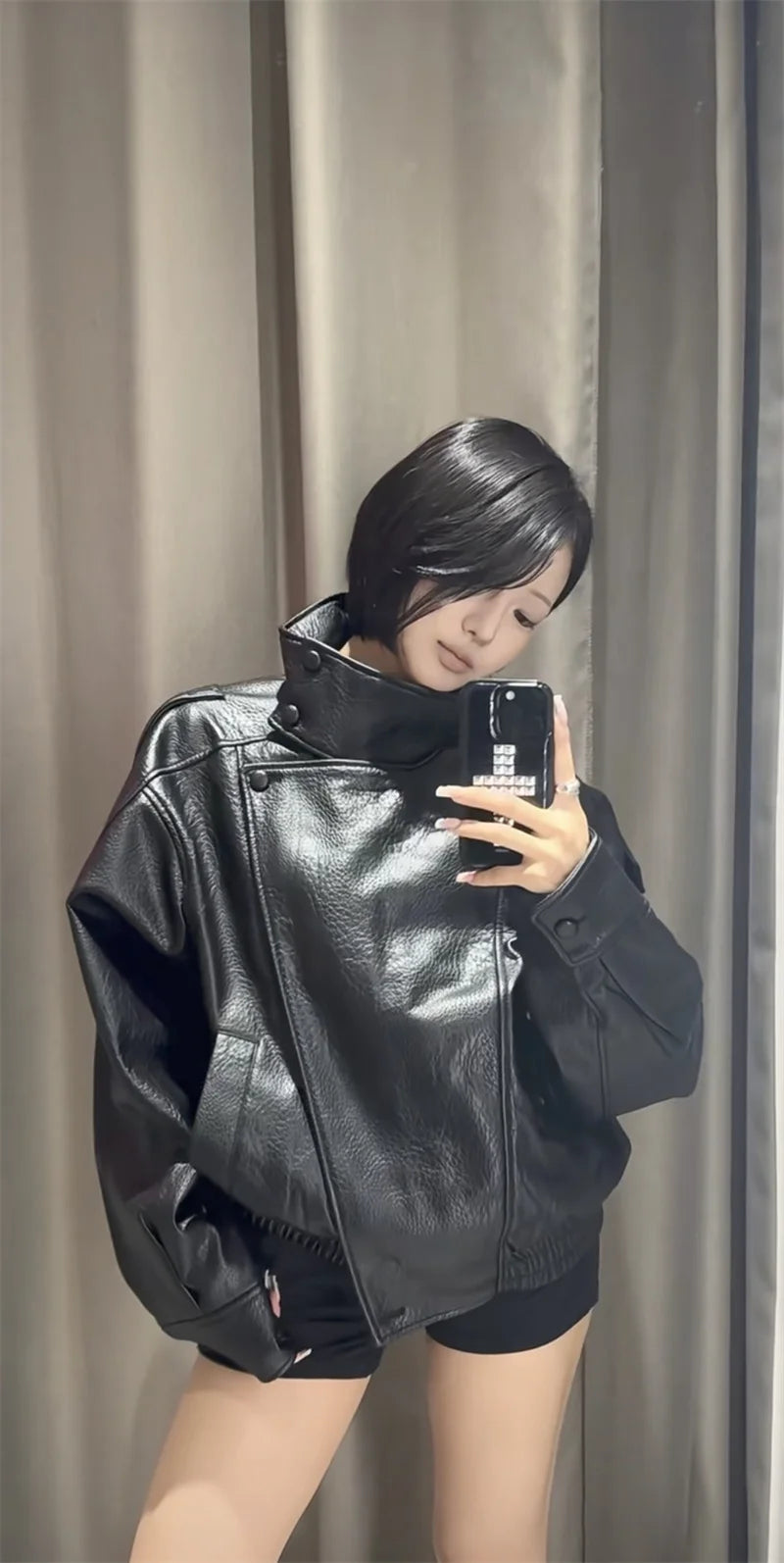 Women's Jacket Fall New Black Long Sleeve Pebble Faux