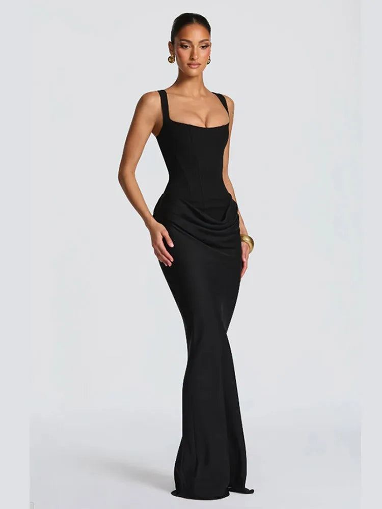 Solid Pleated Sling Dress Women Square Neck Sleeveless