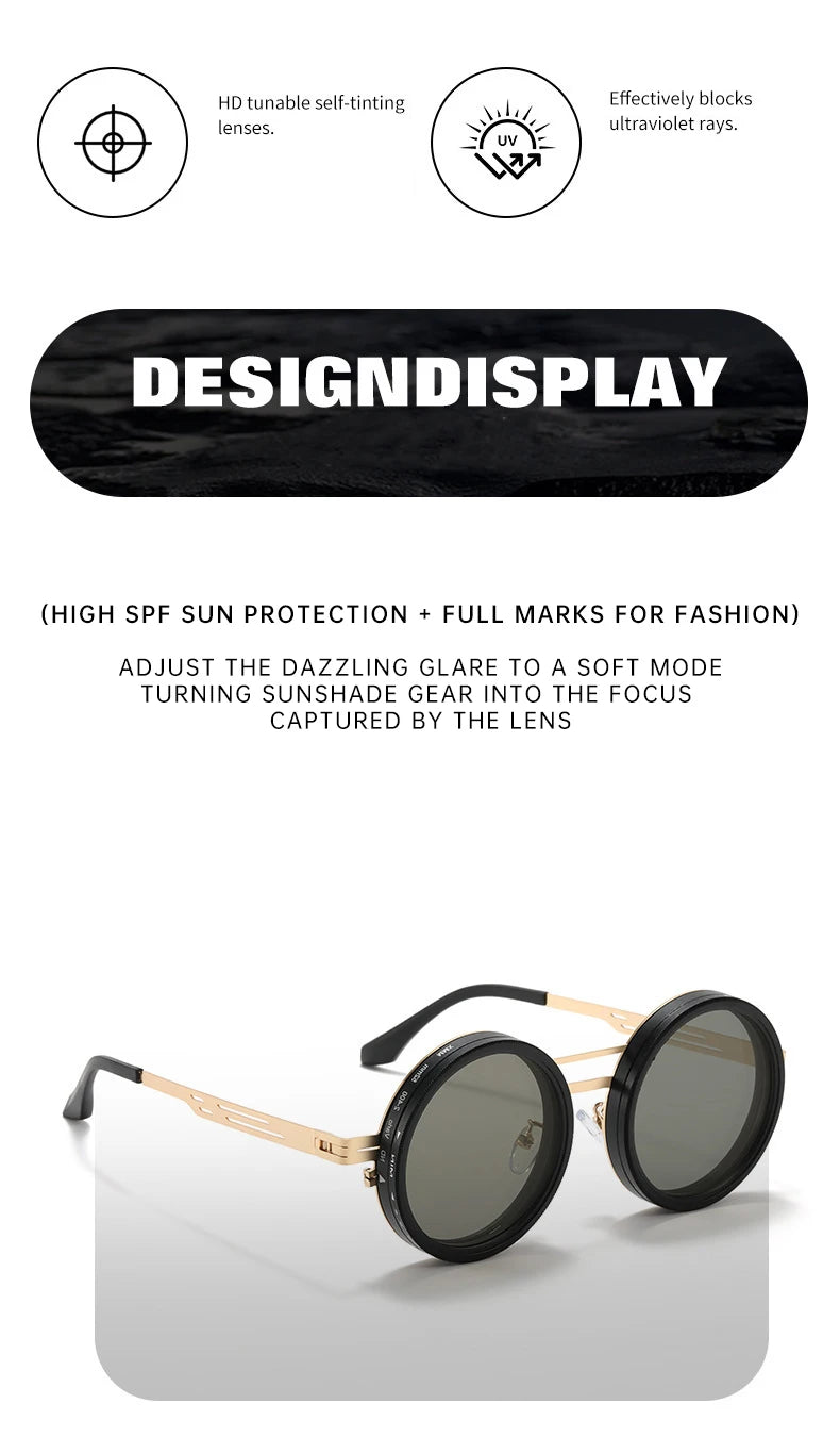 Polarized Round Steampunk ND9 Adjustable Dimming Sunglasses