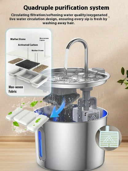 Stainless Steel Cat Water Fountain With LED Blue Light