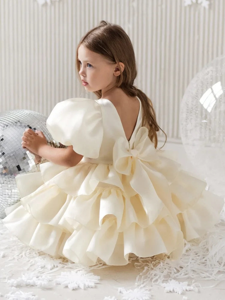 Girls Creamy-white Bow Short Sleeve High-End Dress