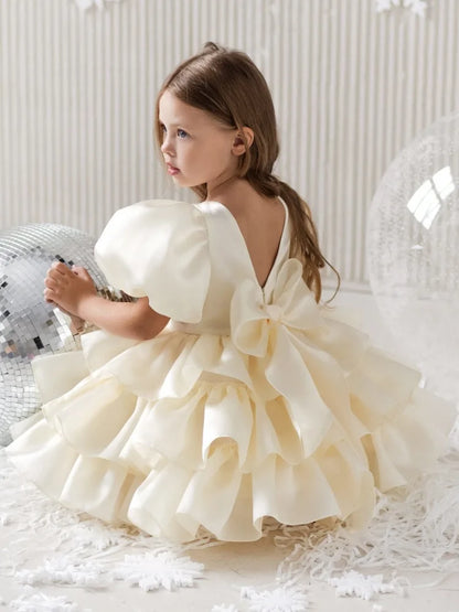 Girls Creamy-white Bow Short Sleeve High-End Dress