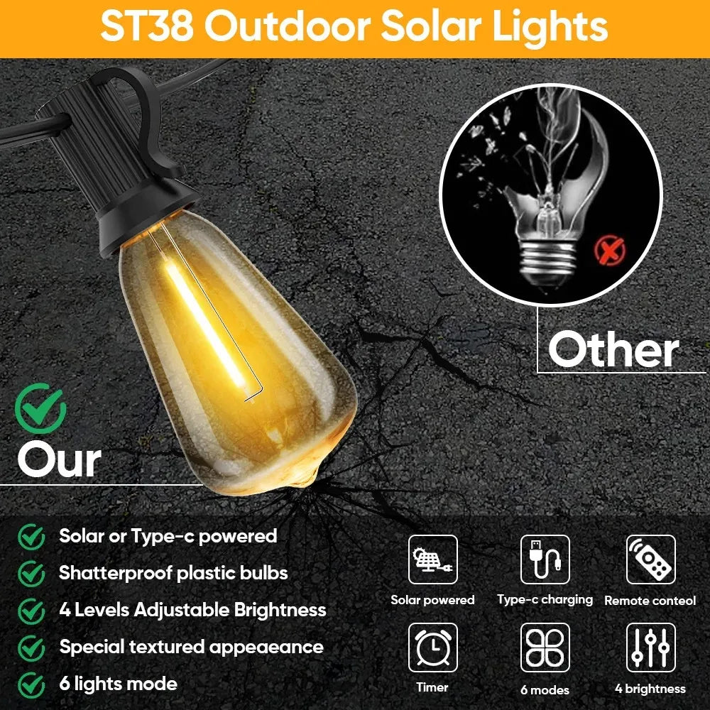 LED ST38 Solar String Lights for Outside, USB & Solar Dual Charging
