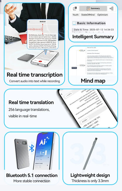 8-256GB AI Voice Recorder with Display Screen Real-Time Transcription