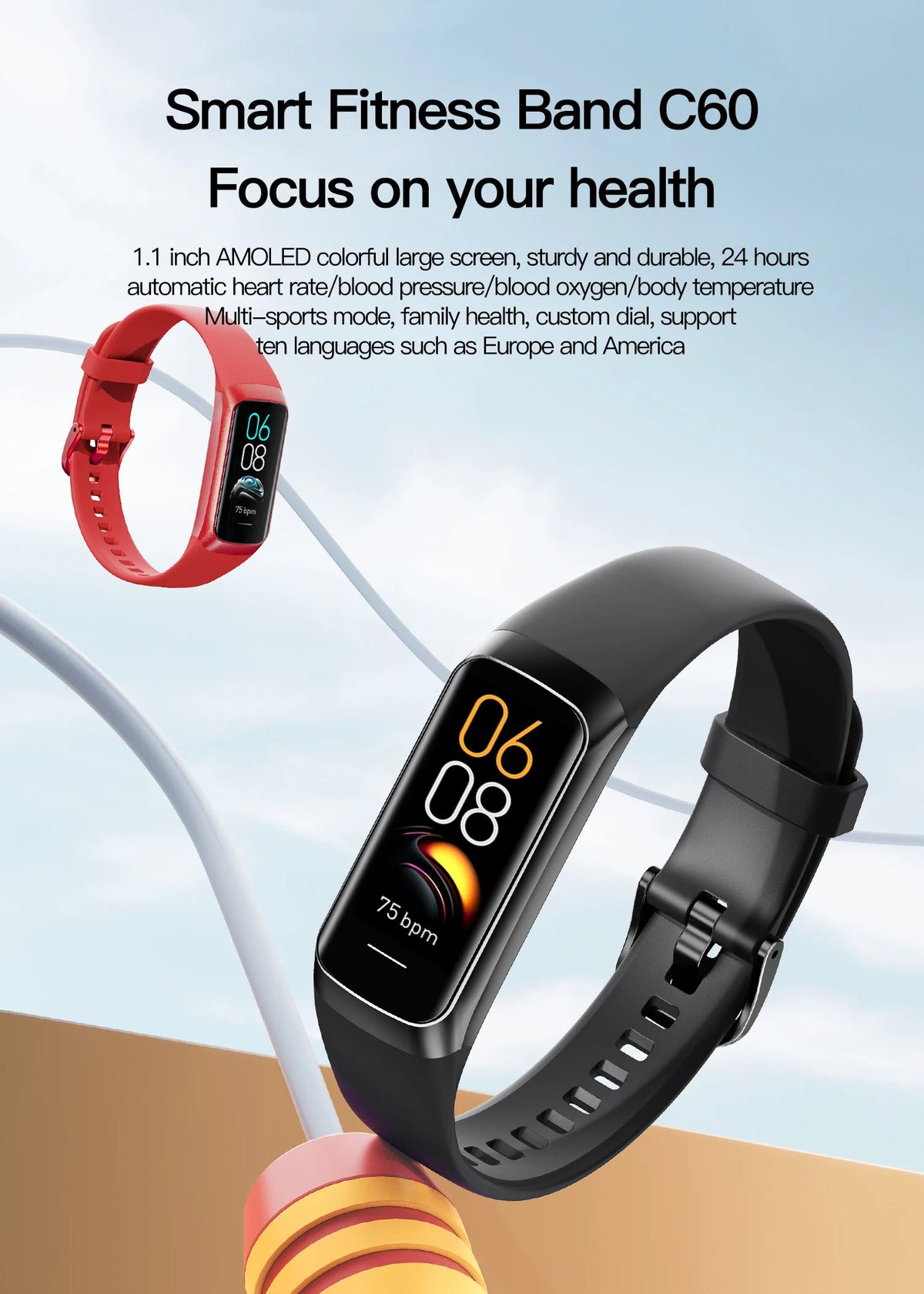 AMOLED Smartwatch Body Temperature Monitor Fitness Clock