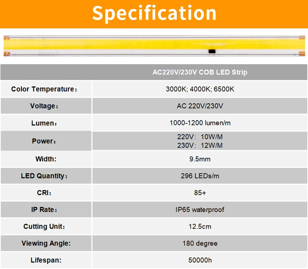 220V COB LED Strip Light 296 LEDs/m High Brightness