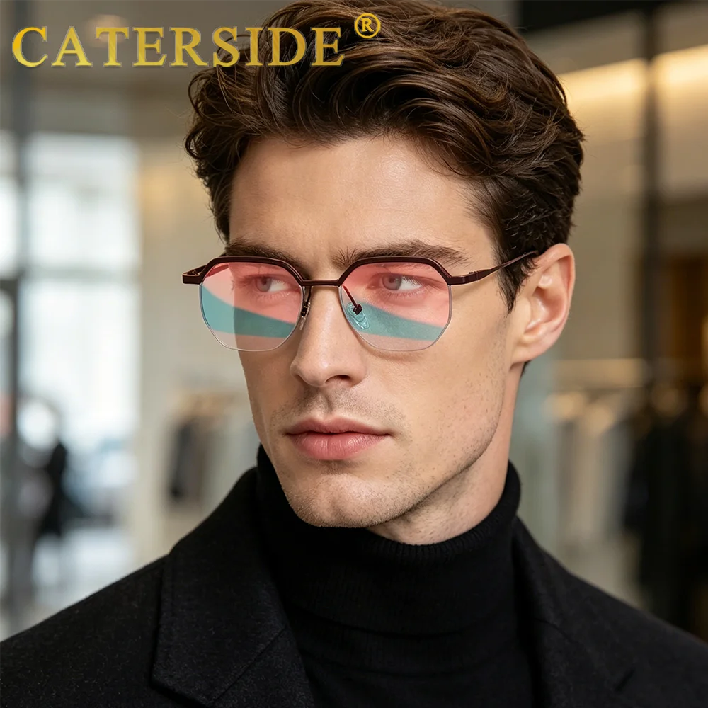 Retro Polygon Sunglasses Men Metal Semi Rimless