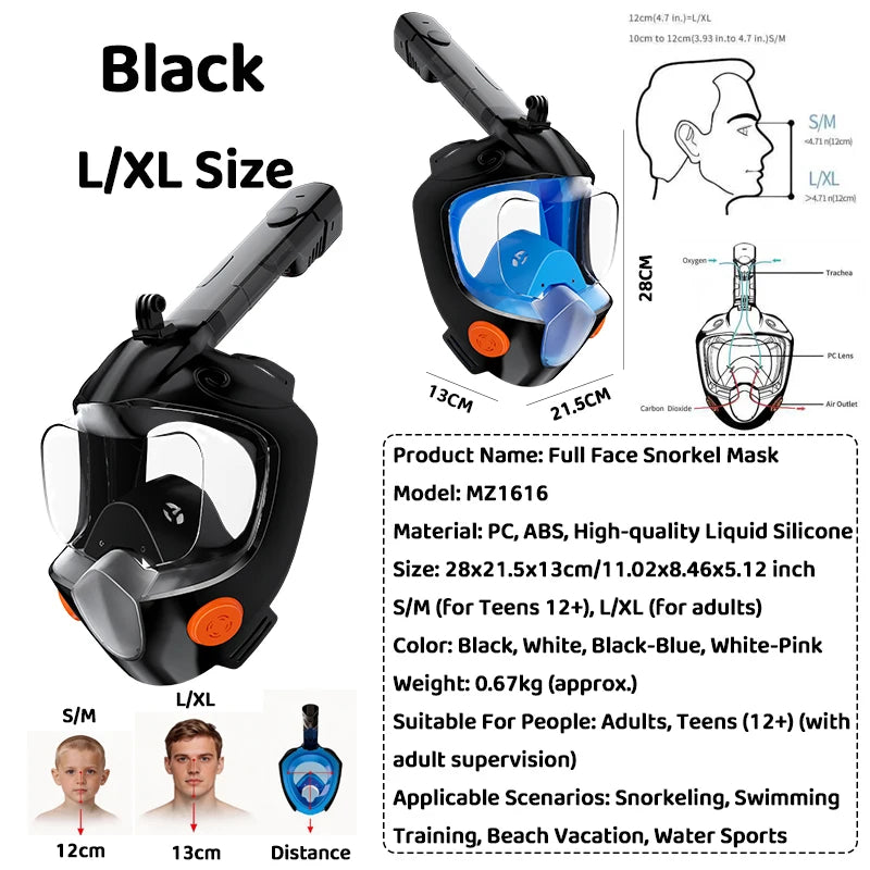 Full Face Snorkel Mask 180° Panoramic View Dry Top Snorkel