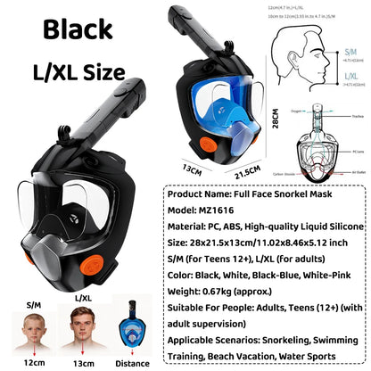 Full Face Snorkel Mask 180° Panoramic View Dry Top Snorkel
