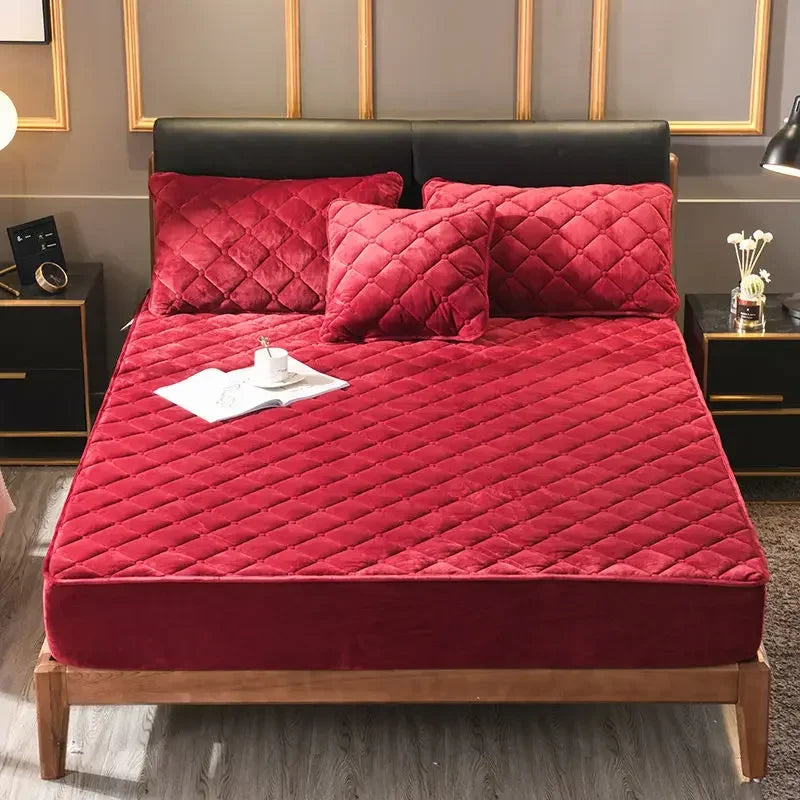 Crystal Velvet Thicken Quilted Mattress Cover Pillowcase