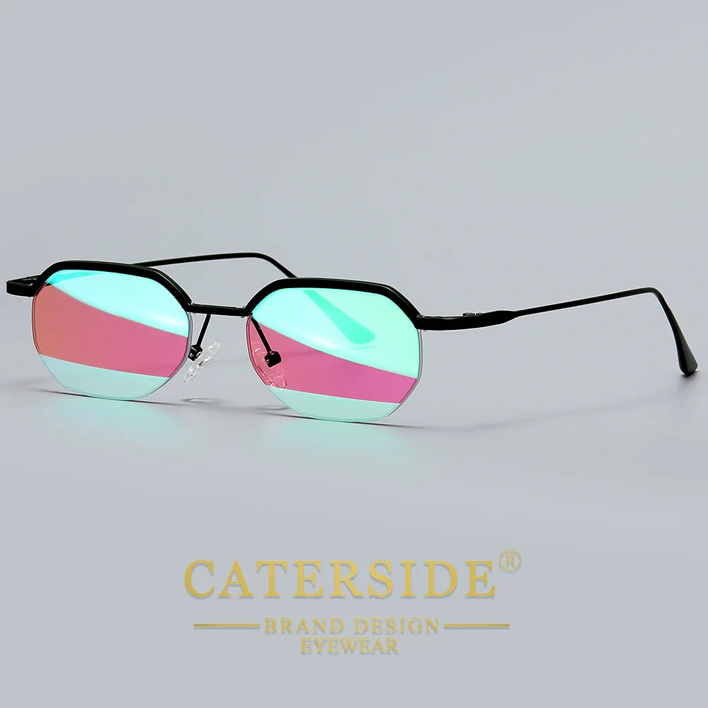 Retro Polygon Sunglasses Men Metal Semi Rimless
