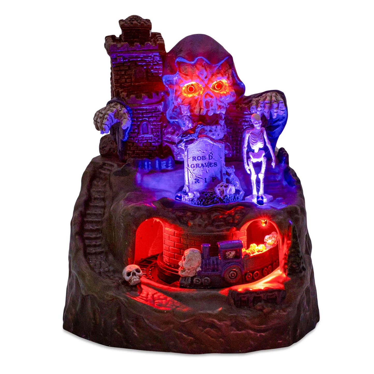 Animated Halloween Village House Decor with Moving Train Pre-Lit Music Skull Ghosts