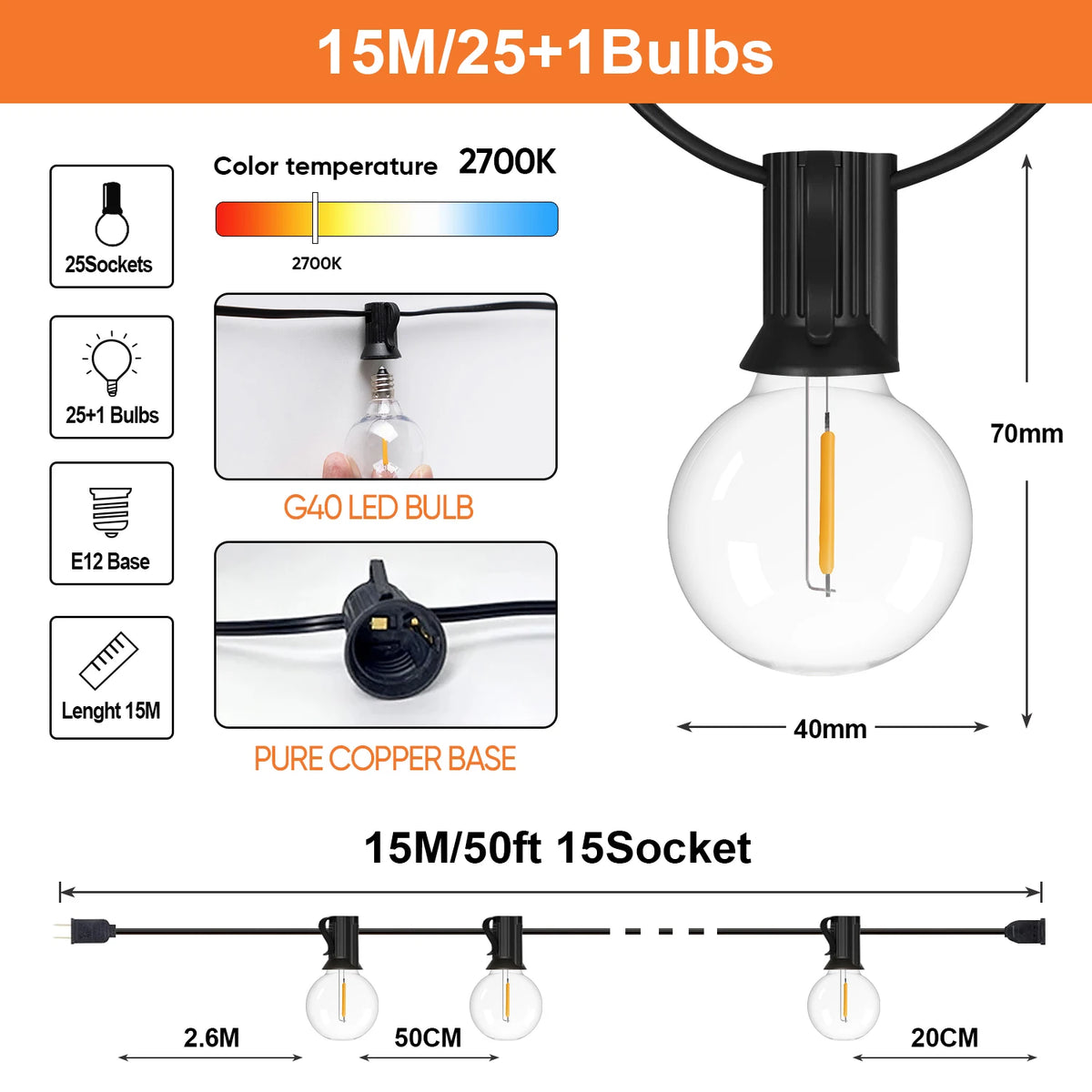 Waterproof G40 String Lights Shatterproof Plastic E12 1W Bulbs