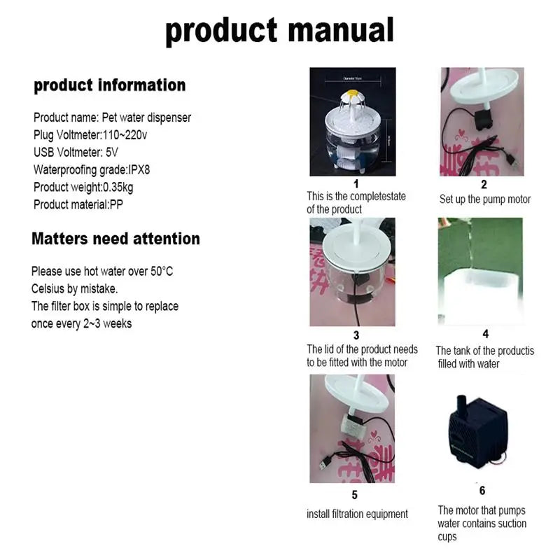 Pets Water Fountain Auto Filter USB Electric Drinker Bowl
