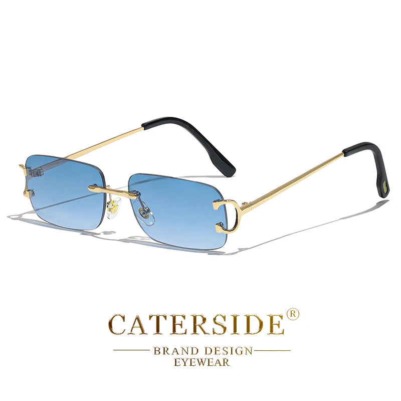 Blue Rectangular Sunglasses Men Rimless Metal Fashion