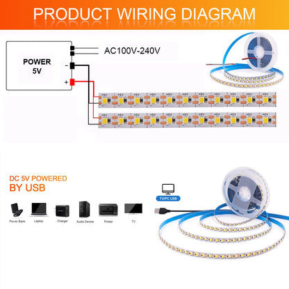 3MM 5MM 8MM Width DC 5V LED Strip 2835 120LEDs