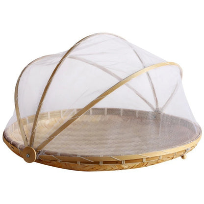 Handmade Bamboo Basket With Net Mesh Cover Kitchen Bread