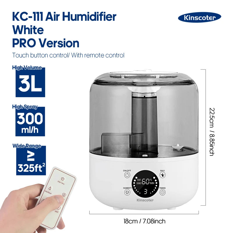 KINSCOTER 3L Air Humidifier Professional Large Capacity Home Humidifier Plant Mist