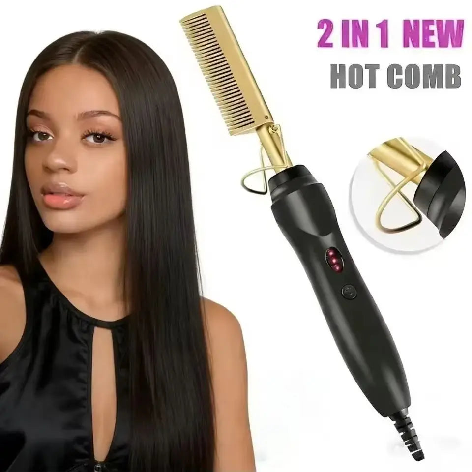 2 in 1 Electric Hot Heating Comb Hair Straightener Curler