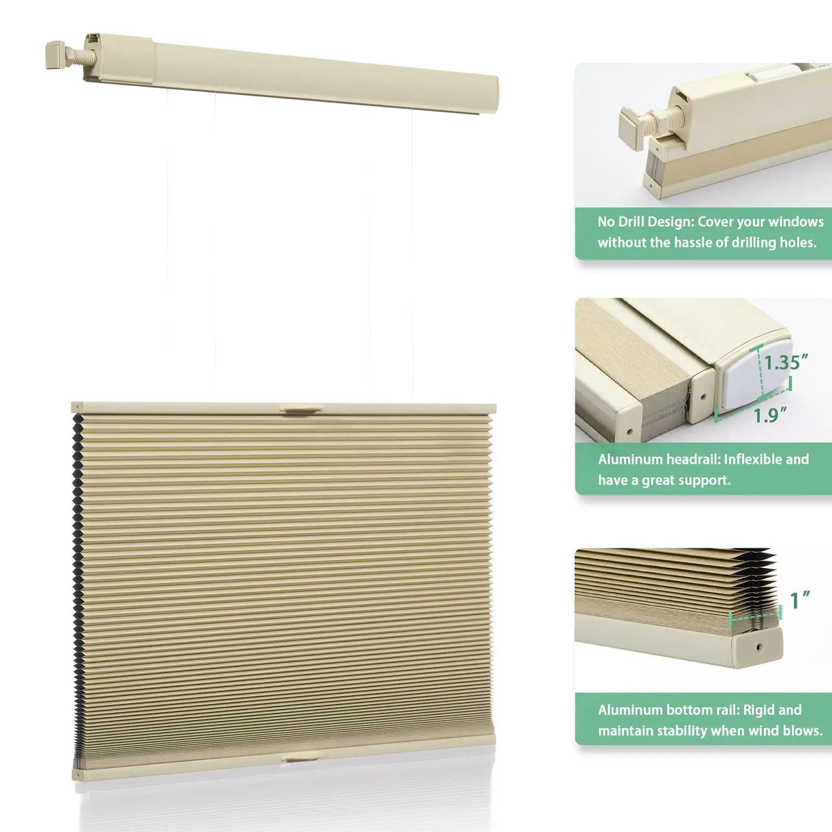 High Quality Color-Matched No Drill Honeycomb Blinds For Windows