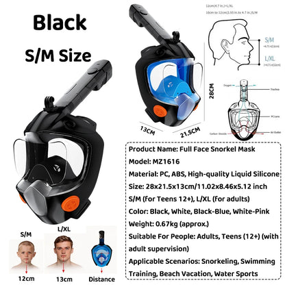 Full Face Snorkel Mask 180° Panoramic View Dry Top Snorkel