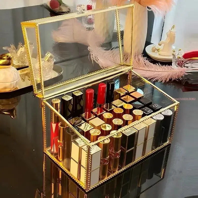 Golden Makeup Organizer Storage Box Glass Cosmetic
