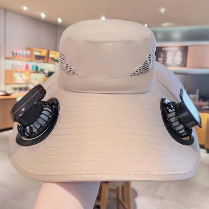 Large Size Quick Dry Bucket Hat With Solar Powered Fan USB Charging