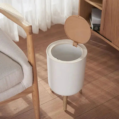 7L Round Wood Grain Trash Can Press Type Garbage Can