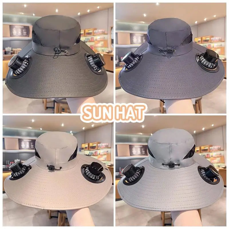Large Size Quick Dry Bucket Hat With Solar Powered Fan USB Charging
