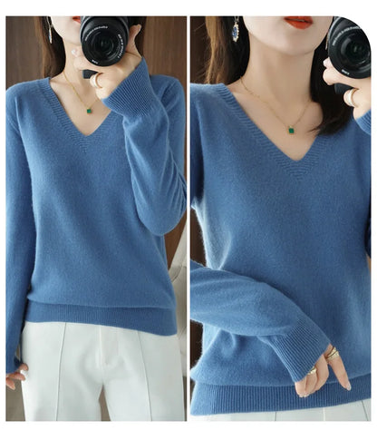 Women's Sweater Autumn Winter Knitted Pullovers V-neck