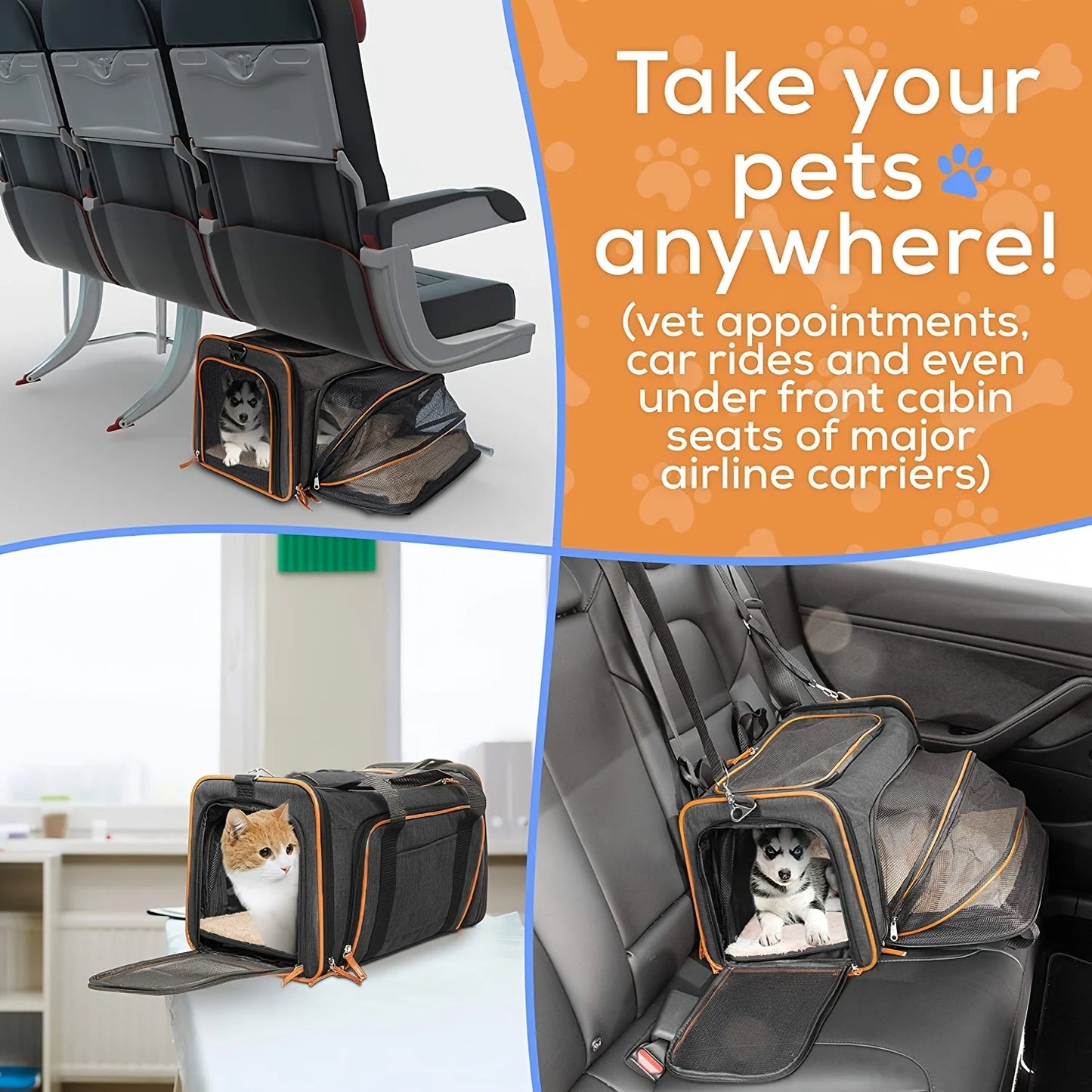 Double-sided expandable cat/dog carrier airline carry-on