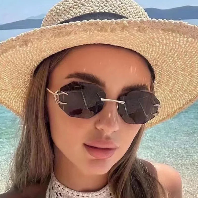 Rimless Hexagon Sunglasses Retro Irregular Square
