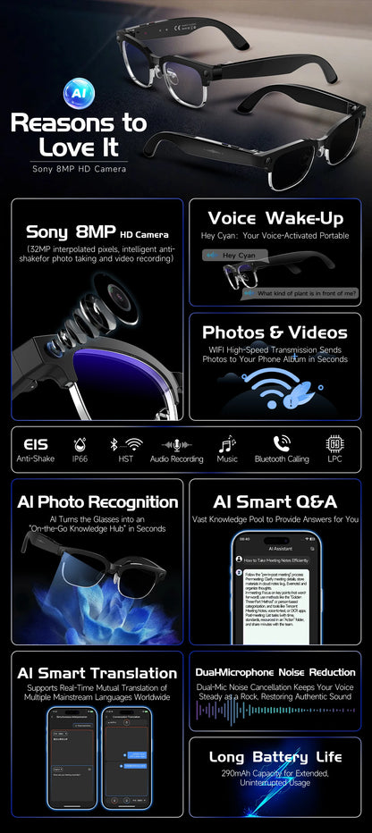 800W Pixel Camera Smart Glasses Men Video Recording AI Photo