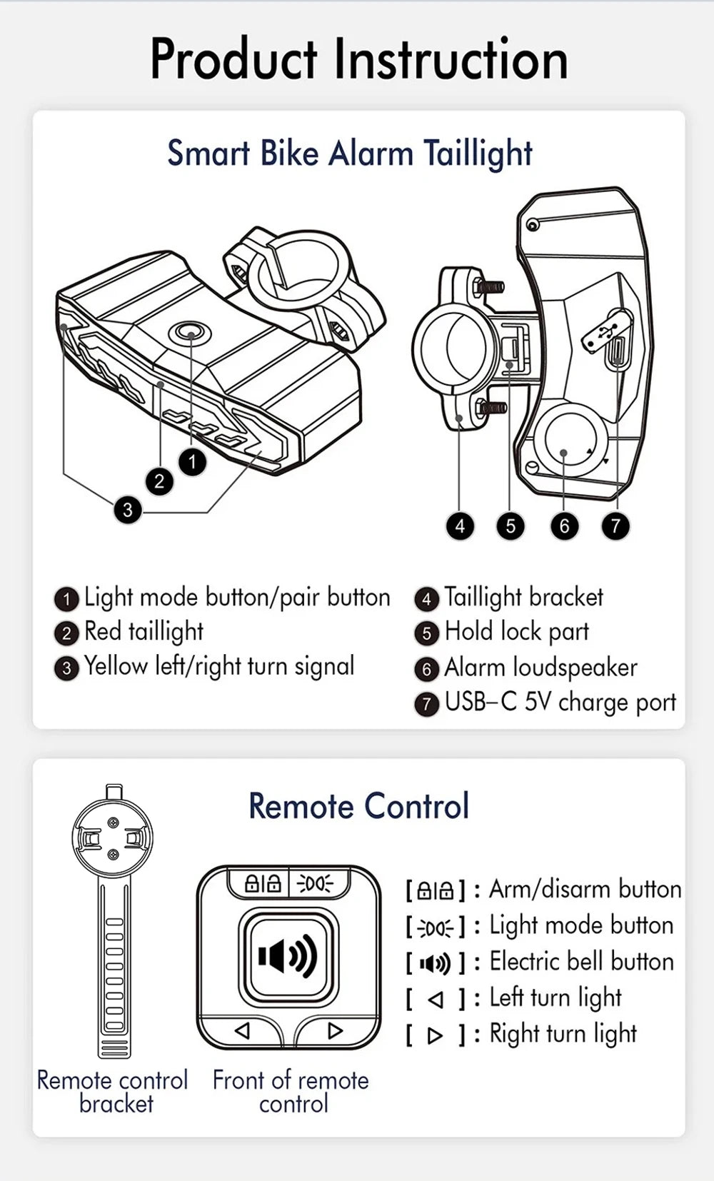 Wireless Bicycle Alarm Rear Tail Light With Turn Signal IP65