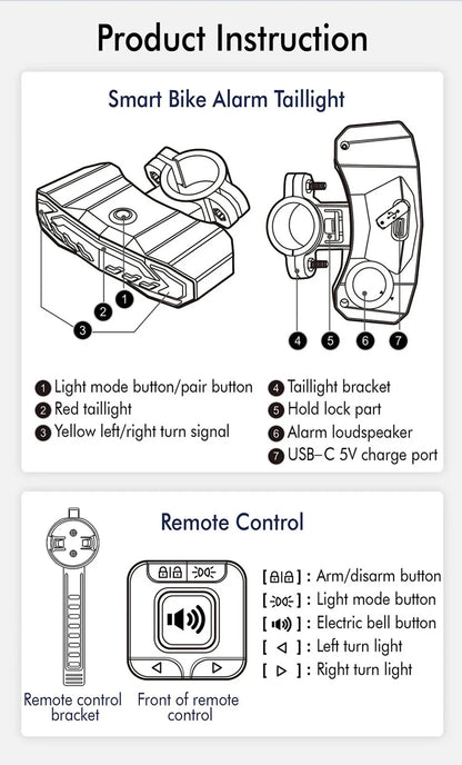 Wireless Bicycle Alarm Rear Tail Light With Turn Signal IP65