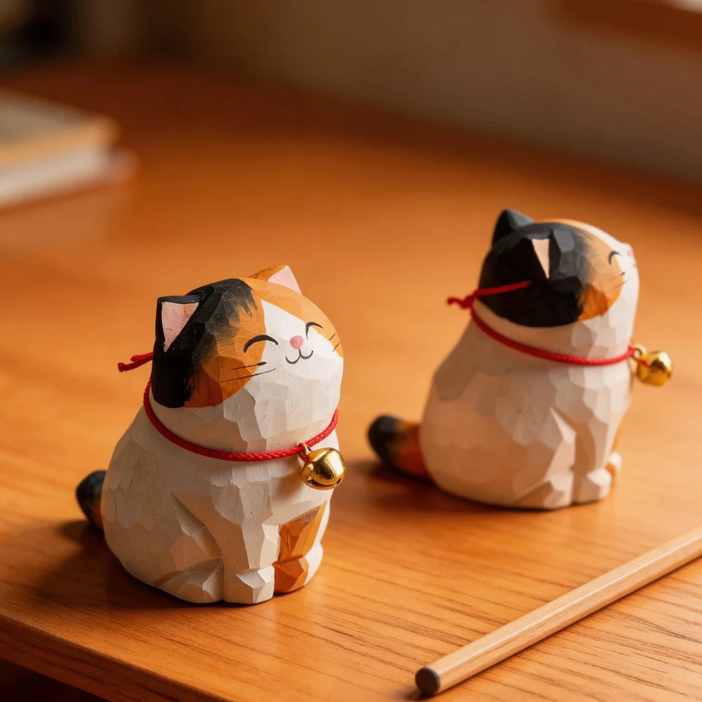 Cute Cat Animals Figurine Decorative Wooden Ornament