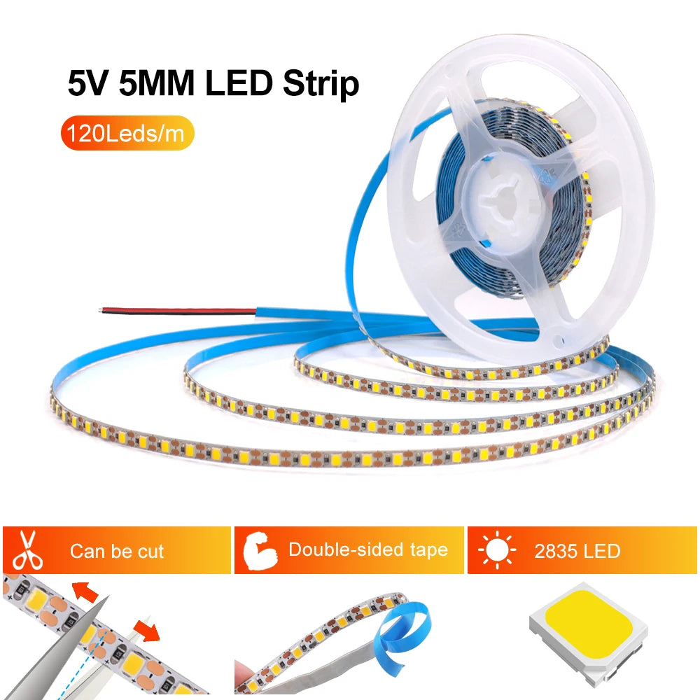 3MM 5MM 8MM Width DC 5V LED Strip 2835 120LEDs
