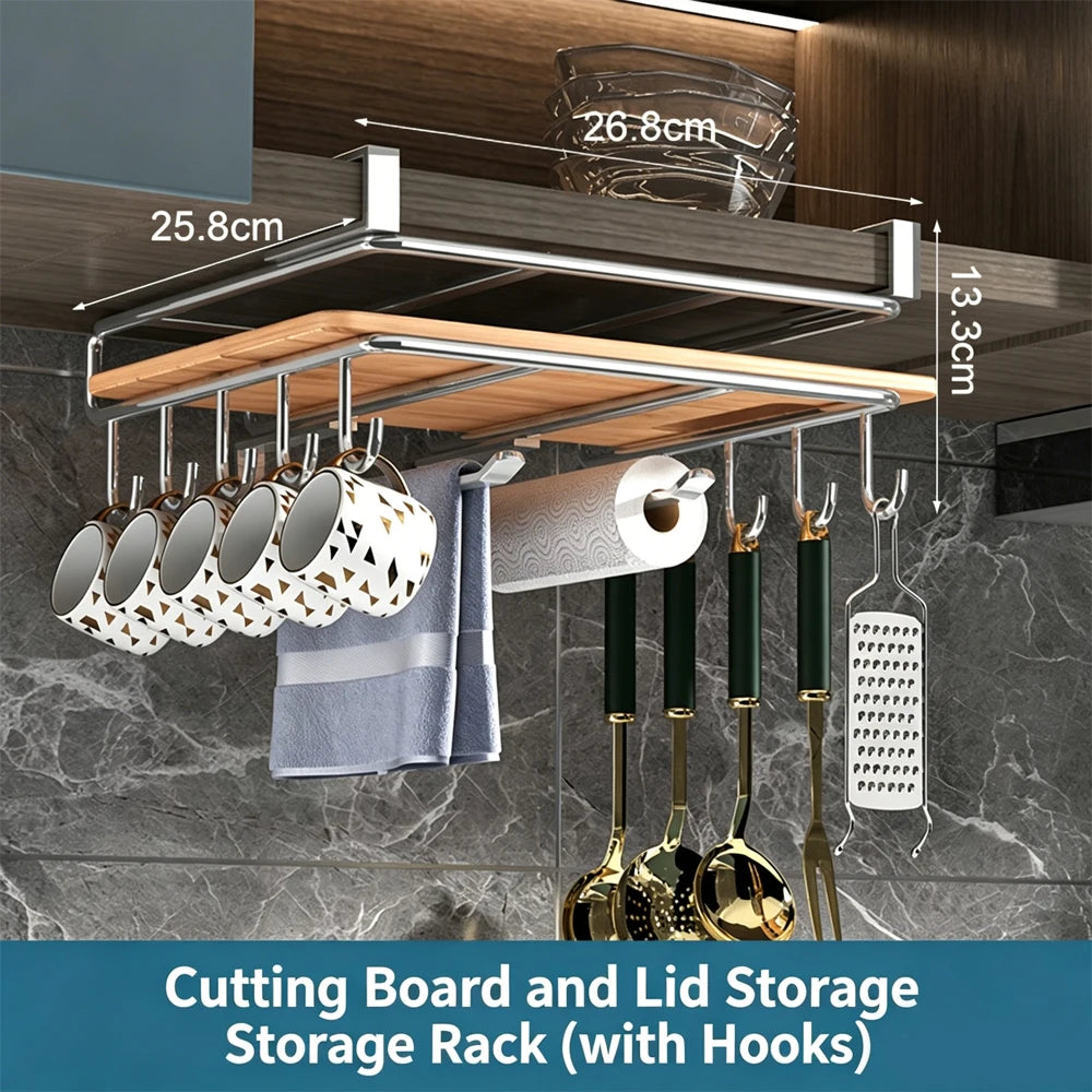 Kitchen Hanging Organizer Rack with Hooks Under Cupboard Paper Towel Rags