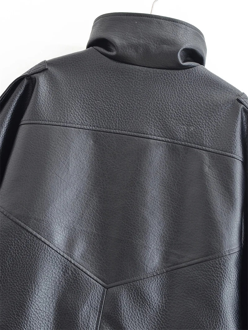 Women's Jacket Fall New Black Long Sleeve Pebble Faux