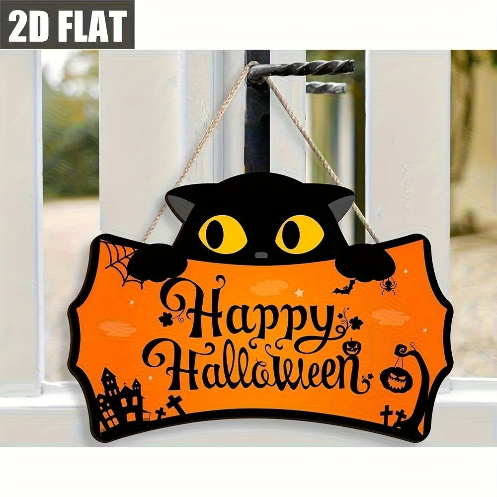 Black Cat Shaped Happy Halloween Wooden Hanging Sign Pumpkin Bat