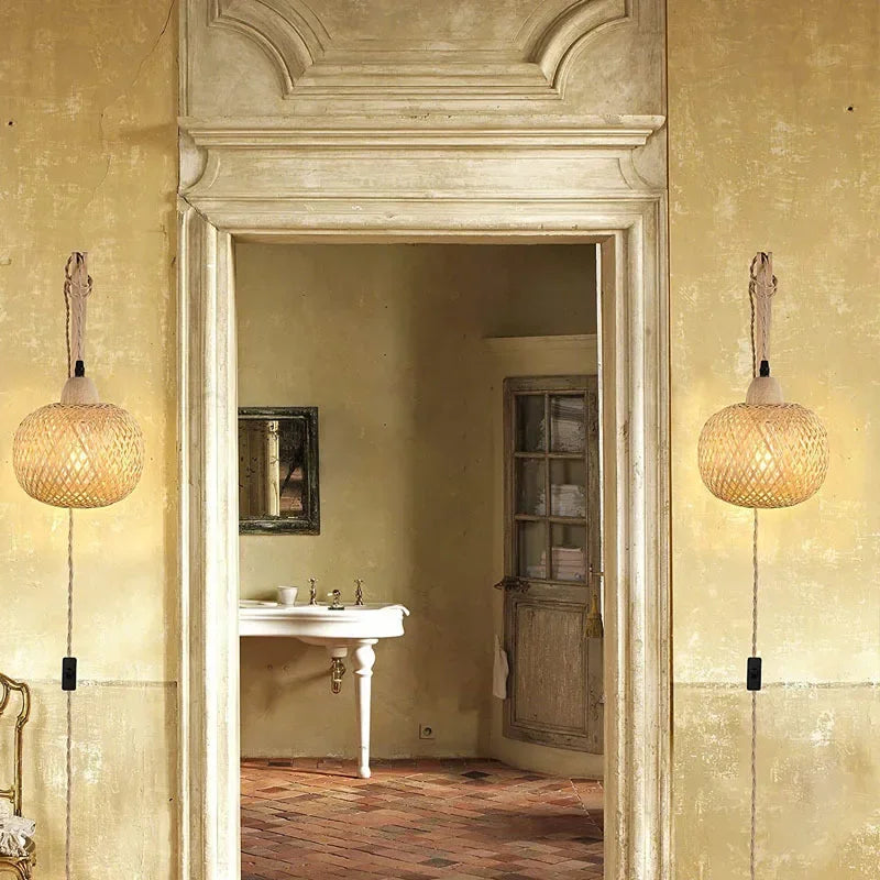 Bamboo Lantern Wall Lamp Natural Rattan Wicker E27 Chandeliers