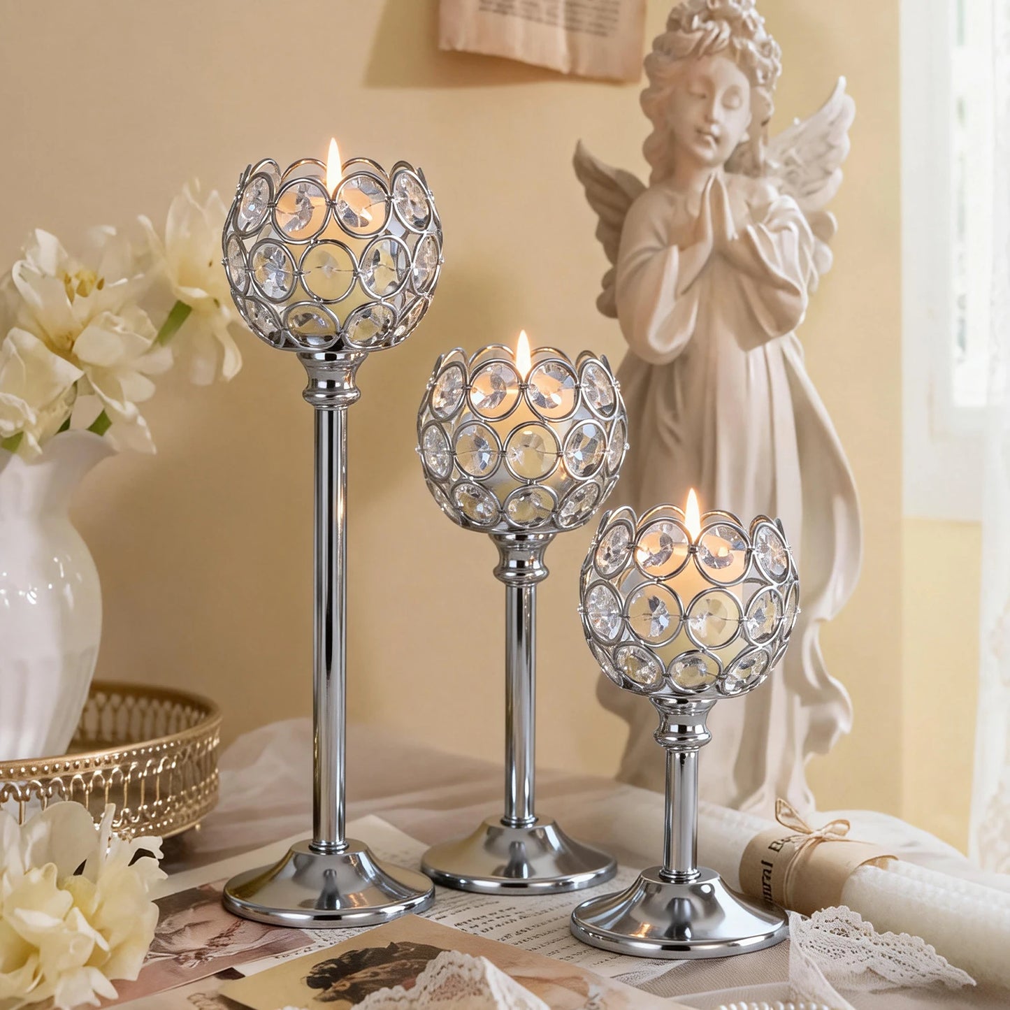 Elegant Gold Silver Metal Glass Candle Holder Tealight