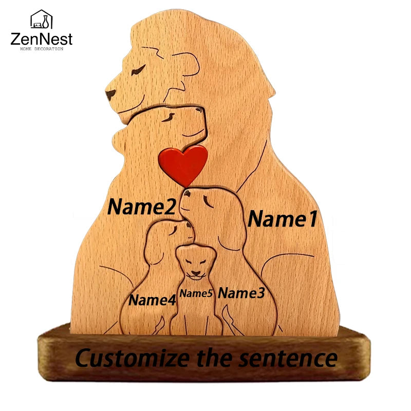 Wooden Lion Family Puzzle Ornament DIY Custom Name