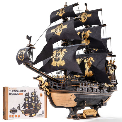 Seahorse Barque Wooden 3D Puzzle 1:100 Scale DIY Sailboat