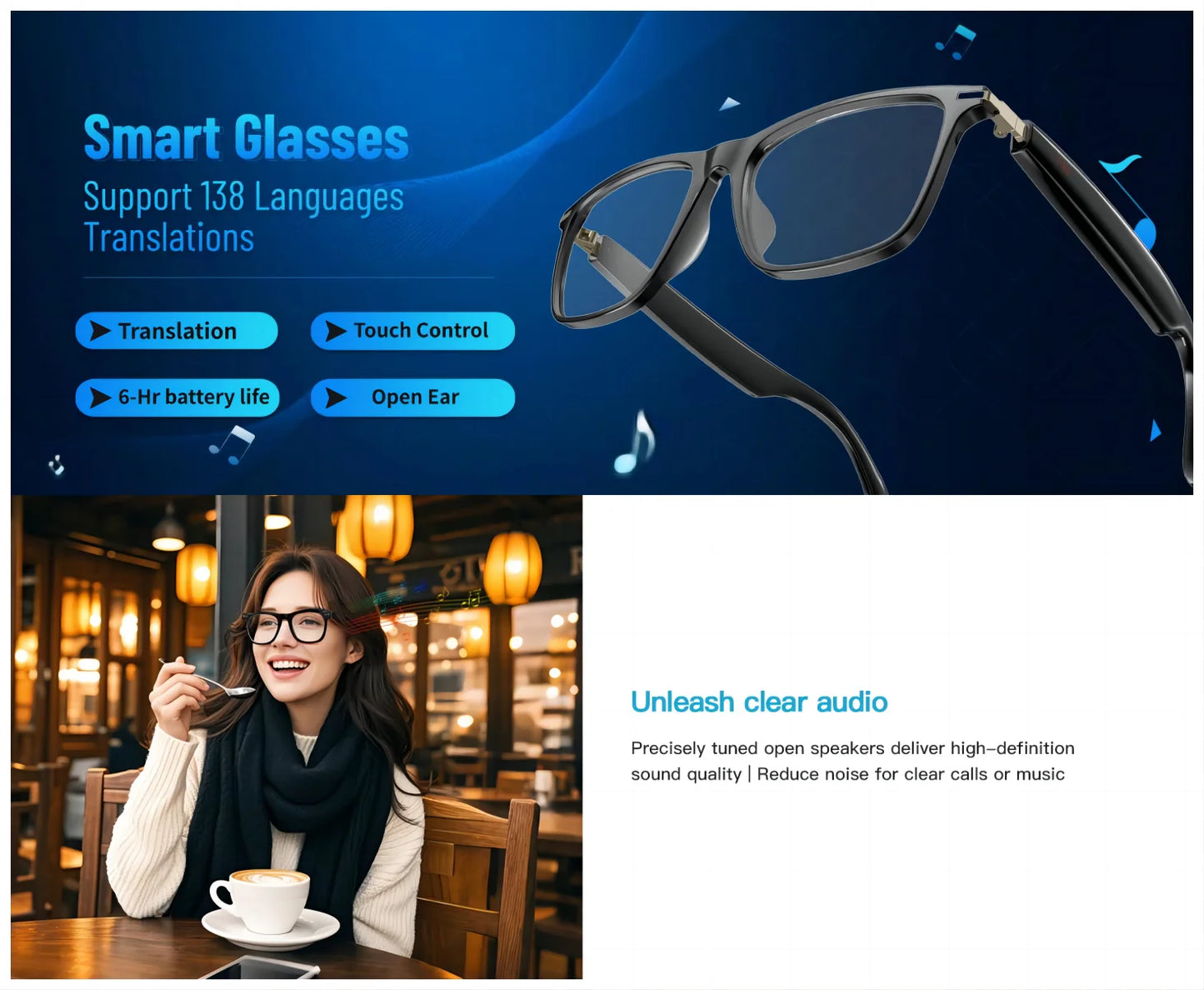 AI Translation Smart Glasses with photochromic lenses