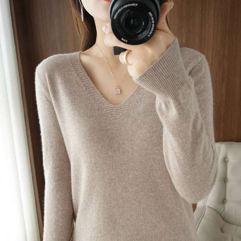 Women's Sweater Autumn Winter Knitted Pullovers V-neck