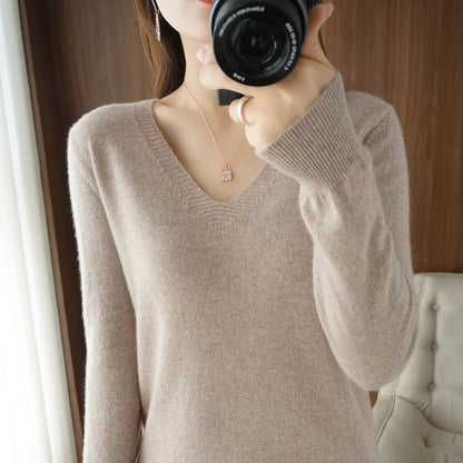 Women's Sweater Autumn Winter Knitted Pullovers V-neck