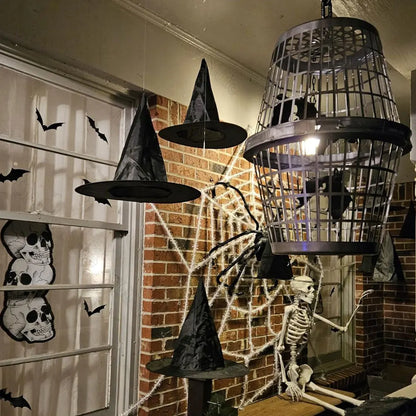 Halloween Black Witches Hats with Rope Hanging Wizard