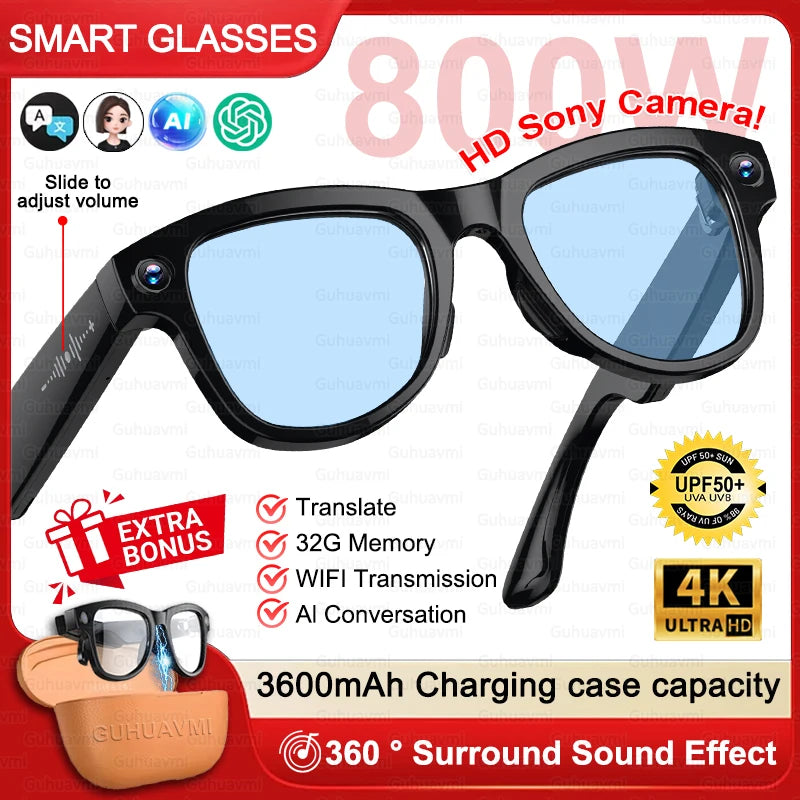 New 3600mAh Large Battery Smart Glasses 8MP HD Camera